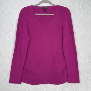 LRL Ralph Lauren V-Neck Sweater Womens 2X Pink Fuschia Rib Knit Preppy Classic